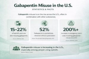 Infographic titled “Gabapentin Misuse in the U.S.” highlighting that some opioid users also misuse gabapentin, it is sometimes obtained without a prescription, and misuse-related emergency room visits have increased.
