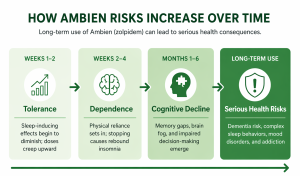 Infographic showing how Ambien risks increase over time, progressing from tolerance in weeks 1–2, to dependence in weeks 2–4, to cognitive decline within months, and eventually to serious long-term health risks including addiction and mental health issues.