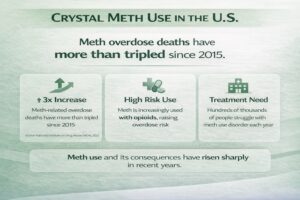 Infographic titled “Crystal Meth Use in the U.S.” explaining that meth overdose deaths have more than tripled since 2015, with increased use alongside opioids and growing treatment needs.